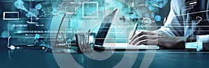 Hands typing on keyboard. Programming online database. Data processing center concept.