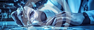 Hands typing on keyboard. Programming online database. Data processing center concept.