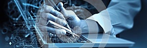 Hands typing on keyboard. Programming online database. Data processing center concept.