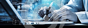 Hands typing on keyboard. Programming online database. Data processing center concept.