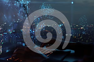 Hands typing on keyboard. Programming online database. Data processing center concept.