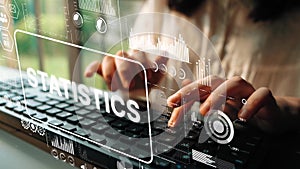 Hands Typing on Keyboard with Statistics Overlay and Data Visualization Elements. Asymptotic smart data analytic