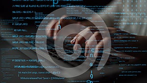 Hands Typing on Keyboard Surrounded by Digital Code and Data in a Dark Environment Representing Computer Programming and