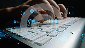 Hands Typing on Keyboard Surrounded by Digital Data and Graphs in Dark Environment Illustrating Technology, Analytics