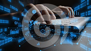 Hands Typing on Keyboard Surrounded by Digital Data Visualizations and Analytics Symbols Representing Technology and