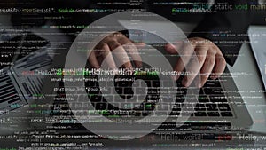 Hands Typing on Keyboard Surrounded by Lines of Code in Dark Environment, Concept of Programming, Software Development