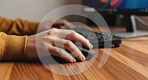 Hands typing on keyboard and using mouse with computer screen in background close up view