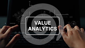 Hands Typing on Keyboard with Value Analytics Concept, Digital Data Visualization, Modern Technology Background
