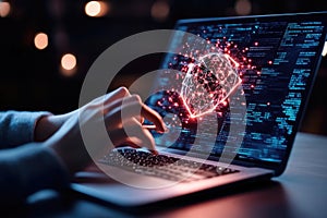 Hands Typing on Laptop with Abstract Code Display