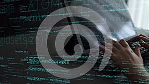 Hands Typing on Laptop with Code Overlay, Close-Up View of Programming Environment, Digital Workspace for Software