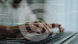 Hands Typing on Laptop with Code Overlay, Software Development, Programming Environment, Close-Up of Fingers, Technology