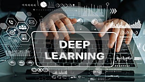 Hands Typing on Laptop with Deep Learning Concept Overlay and Data Visualization Elements in Modern Workspace