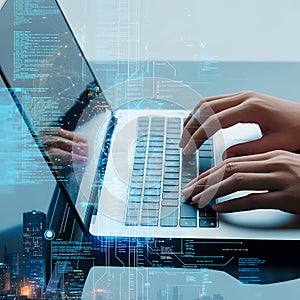Hands Typing on Laptop with Digital Code Overlay. Software Development & Tech City