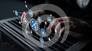 Hands Typing on Laptop with Digital Connections Illustrating Cloud Computing and Data Integration in a Modern