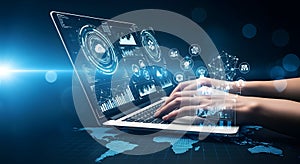 Hands typing on laptop with digital data visualization and global network
