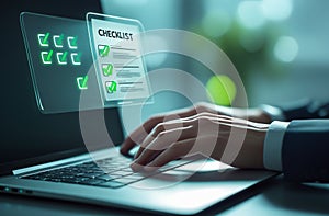 Hands typing on laptop with digital interface displaying data