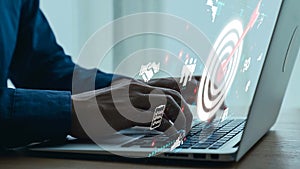 Hands Typing on Laptop with Digital Marketing Analytics, Data Visualization, and Business Metrics Overlaid on Screen in