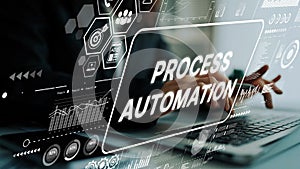 Hands Typing on Laptop with Digital Process Automation Graphics and Data Visualization Elements in Modern Office
