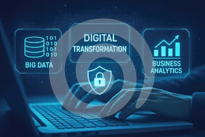 Hands typing on laptop with digital transformation interface showing big data analytics and security