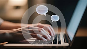 Hands Typing on Laptop with Chat Message Bubbles