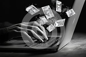 Hands Typing on Laptop with Floating Virtual Real Estate Cards in Noir Realism Style photo