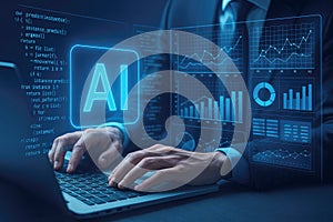 Programmer typing on laptop with AI code and data analytics interface on screen artificial intelligence