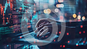 Hands typing on a laptop with glowing data charts and code