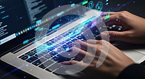 Hands typing on a laptop with glowing digital data streams
