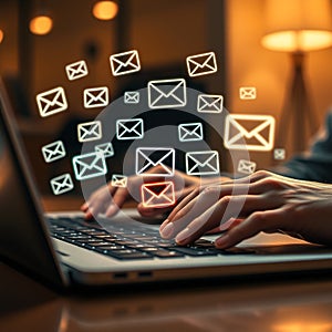 Hands typing on laptop with glowing email icons floating above