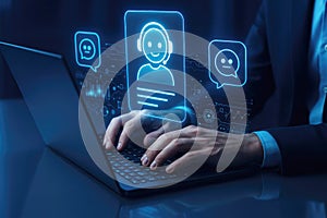 Hands Typing on Laptop with Holographic AI Chatbot Interface Floating Above artificial intelligence