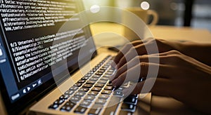 Hands typing on laptop keyboard with code, programming concept
