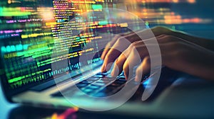 Hands typing on a laptop keyboard with colorful programming code overlays in a modern office environment.