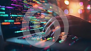 Hands typing on a laptop keyboard with colorful programming code overlays in a modern office environment.