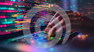 Hands typing on a laptop keyboard with colorful programming code overlays in a modern office environment.