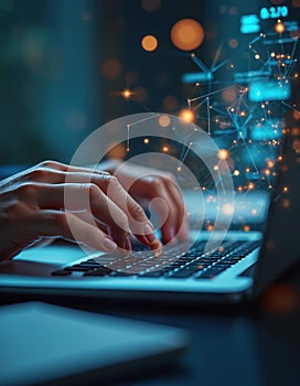 Hands typing on laptop keyboard. Cyber security concept. Network safety. Data protection. Hacker attacks, data encryption.