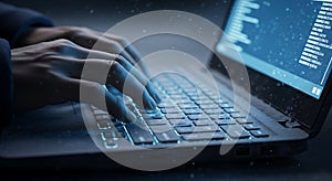 Hands Typing on Laptop Keyboard with Data Code Screen in Dark Environment