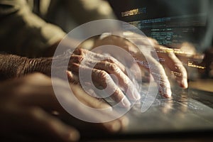 Hands typing on a laptop keyboard with digital code overlay, symbolizing programming and technology work