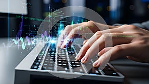 Hands Typing on Laptop with Glowing Digital Code and Data Overlay