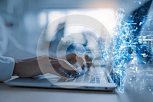 Hands typing on laptop keyboard with digital interface and data visualization