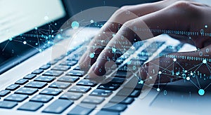 Hands Typing on Laptop Keyboard with Digital Network Overlay and Binary Code Data Processing