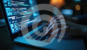 Hands typing on laptop keyboard displaying computer code, programmer, hacker. Cyber security concept. Data encryption, network