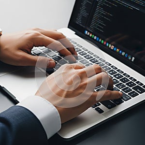 The laptop displays coding software with colorful lines of code on the