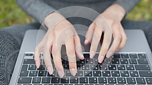 Hands Typing On Laptop Keyboard.Freelancer Internet Online Meeting Webinar.Woman Freelance With Computer Outdoors.Study