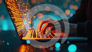 Hands typing on laptop keyboard with glowing code on screen. AI tech, machine learning data processing, automation, coding