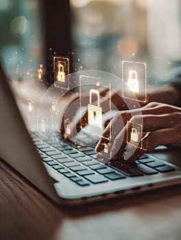 Hands typing on laptop keyboard with glowing lock icons floating above, symbolizing cybersecurity and data protection in digital