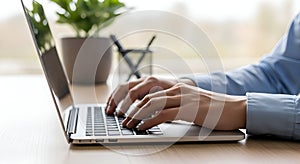 Hands Typing on Laptop Keyboard with Plant and Window Background