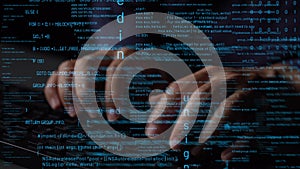 Hands Typing on Laptop Keyboard Surrounded by Glowing Lines of Code Representing Programming, Technology, and Digital