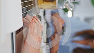 Hands typing laptop online on office meeting closeup. Worker searching vertical