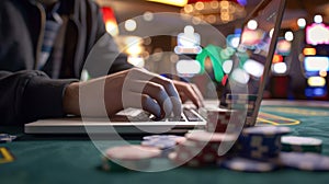 The laptop with poker chips. AI generated