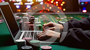 The laptop on poker table.AI generated image